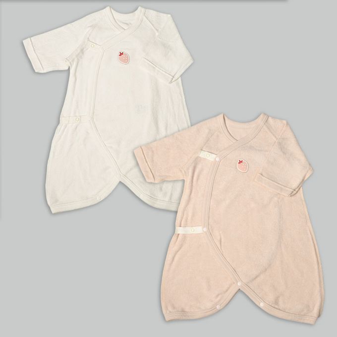 akachan honpo - 長袖新生兒內衣4件組-按扣款 毛圈布 草莓-粉紅色 (50~60cm)