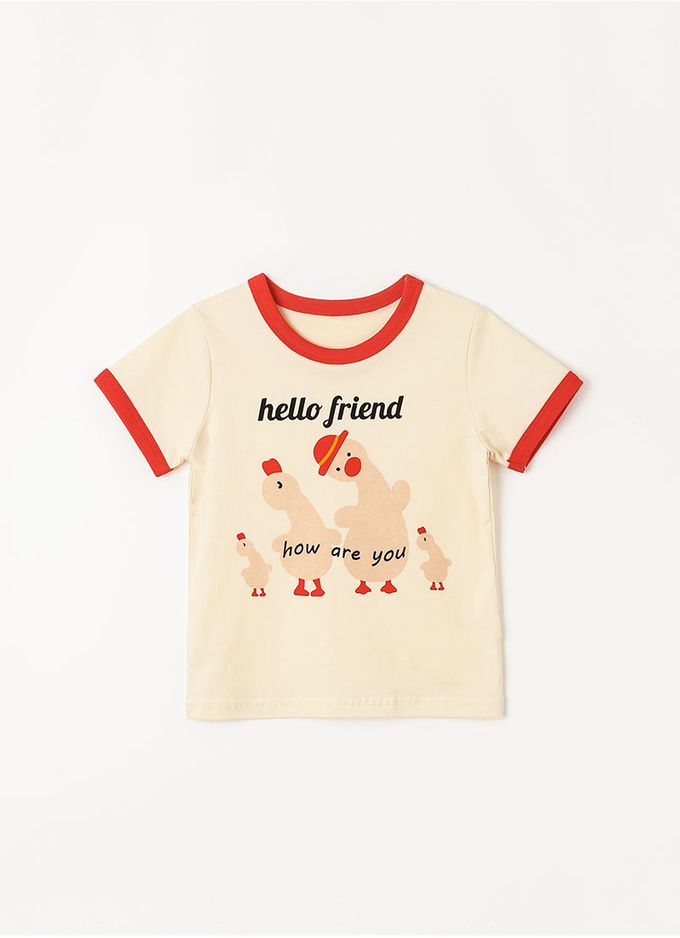 韓國 OZKIZ - 歪頭鴨家族印花短袖上衣-米黃