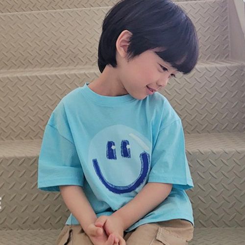 韓國 Peanuts House - 笑臉氣球短袖純棉上衣-水藍