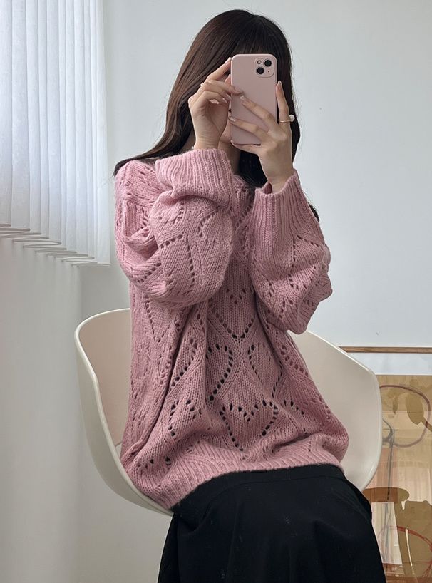 日本 GRL - 愛心鏤空針織上衣-粉紅 (F)