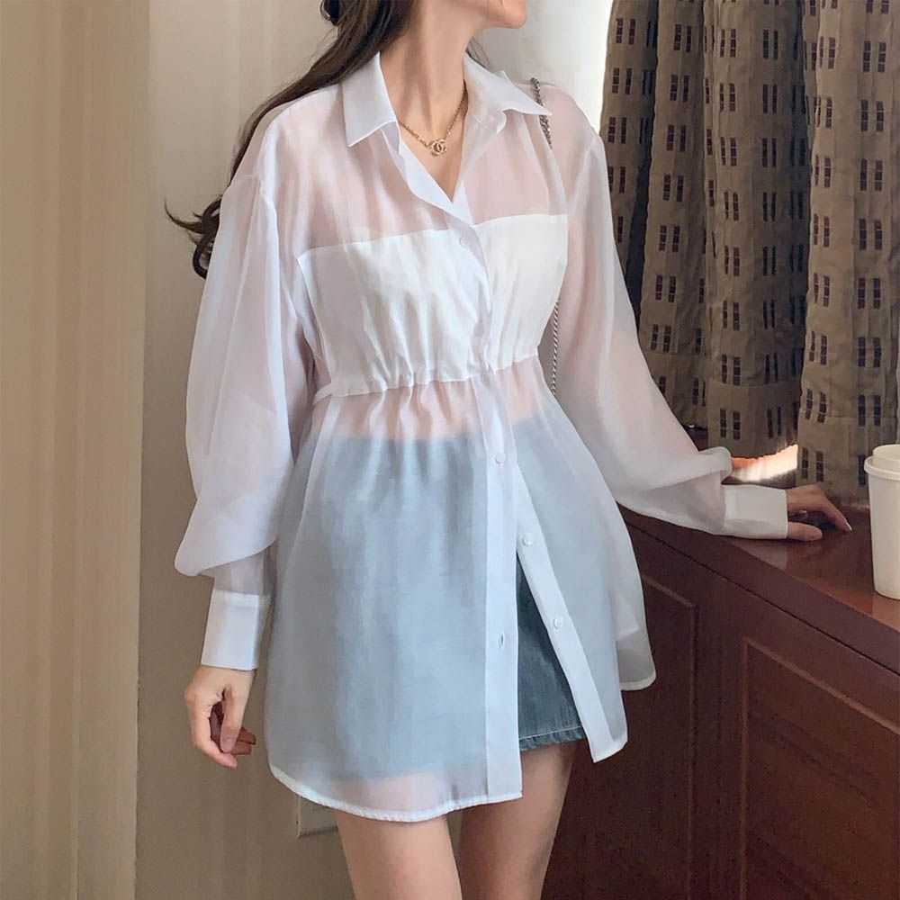 透膚雪紡長版襯衫/外套-白 (FREE)