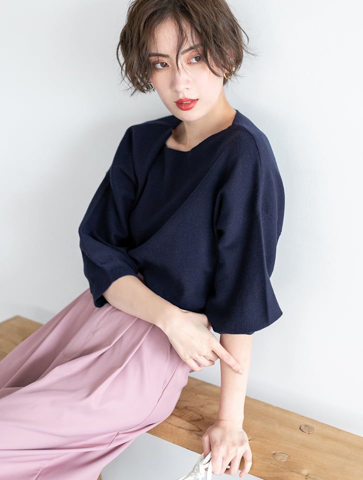 日本 fifth - 柔軟質感船型領針織上衣-深藍