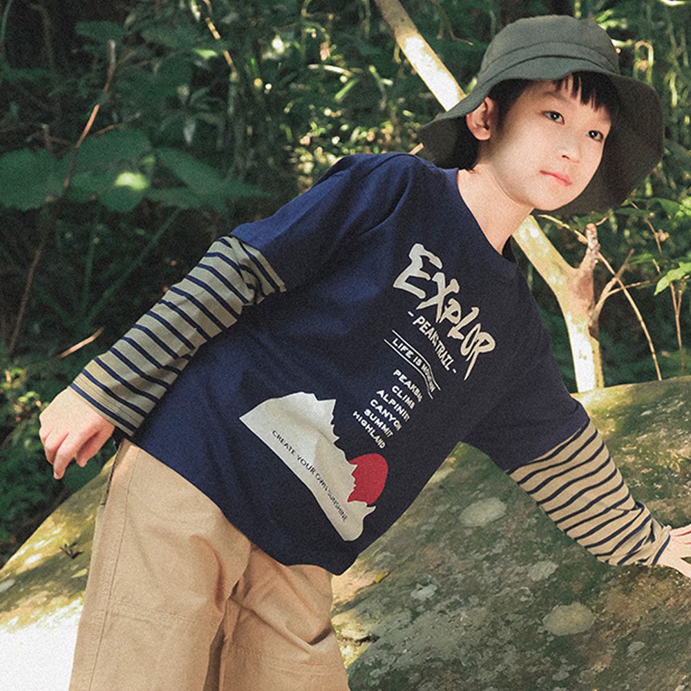 純棉圓領長袖上衣-假兩件拼袖-藏青