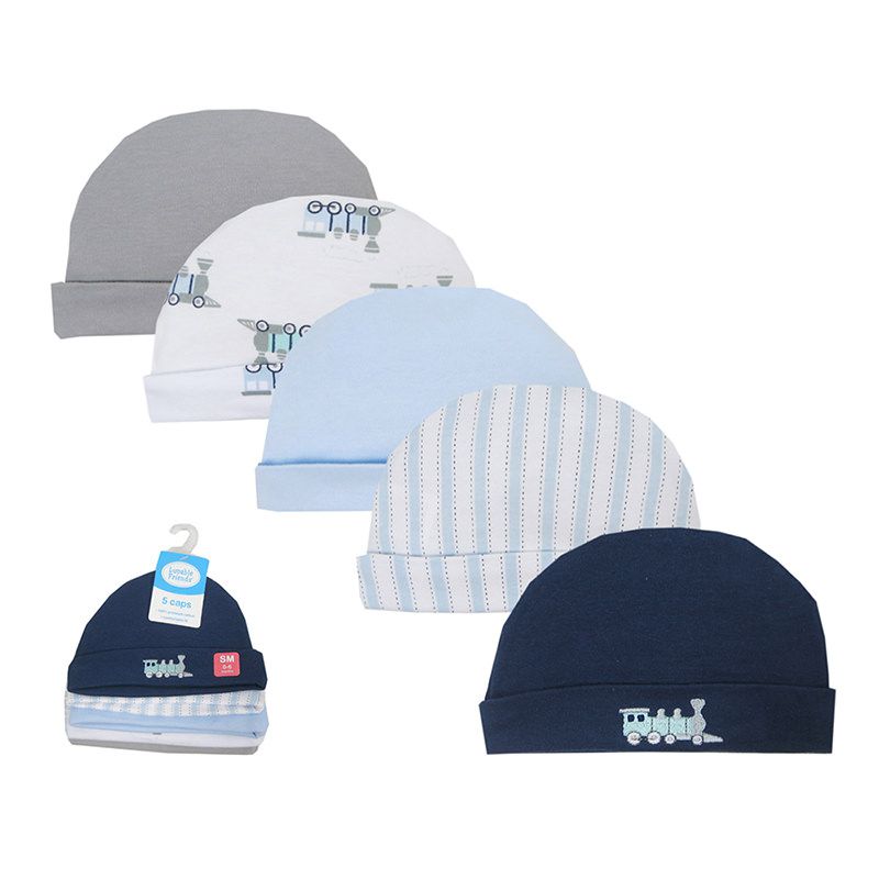 美國 Luvable Friends - 甜蜜寶貝100%純棉新生兒棉帽 保暖帽5件組-條紋火車 (0-6M)