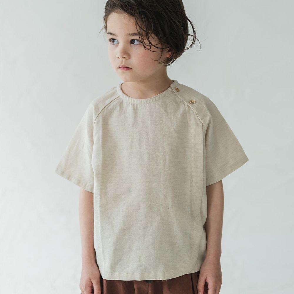 日本 riziere - 純棉側肩釦設計素面短袖上衣-自然米