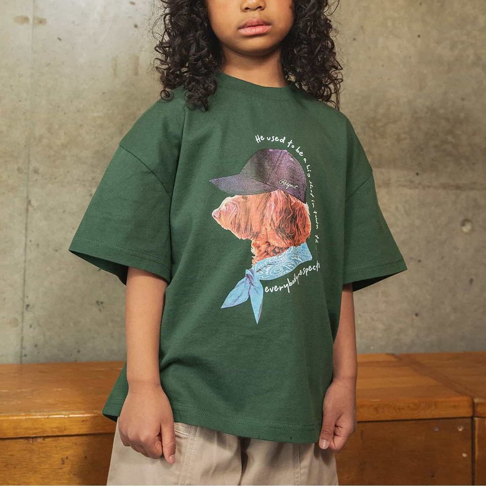 美式寬鬆感印花五分袖上衣-紳士狗狗-濃綠