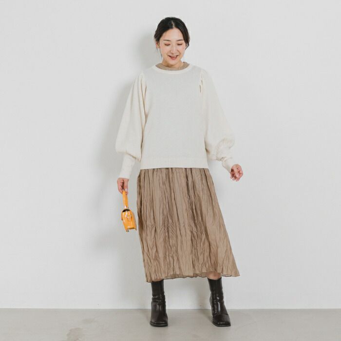 日本 ihuu - 浪漫氣球袖可機洗針織上衣-卡其