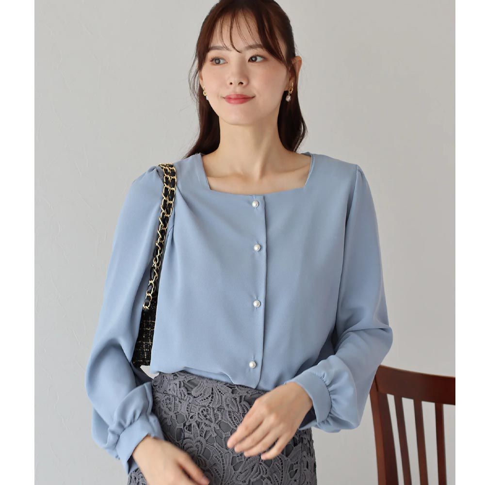 日本 BLUE EAST - 方領珍珠釦長袖襯衫-水藍