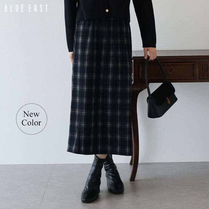 日本 BLUE EAST - 簡潔溫柔格紋後開叉合身長裙-海軍藍
