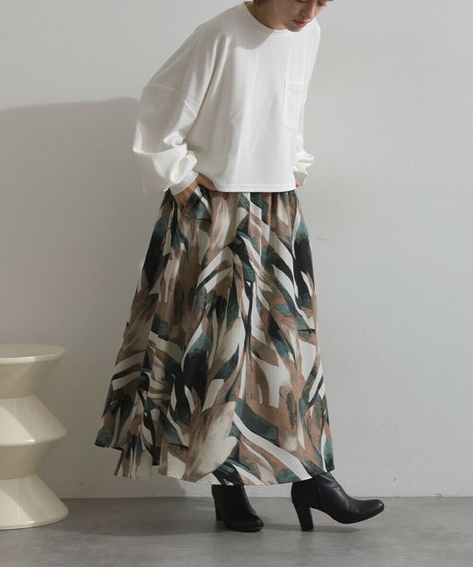 日本 Lupilien - 油畫線條感印花飄逸長裙(附口袋)-橘藍系