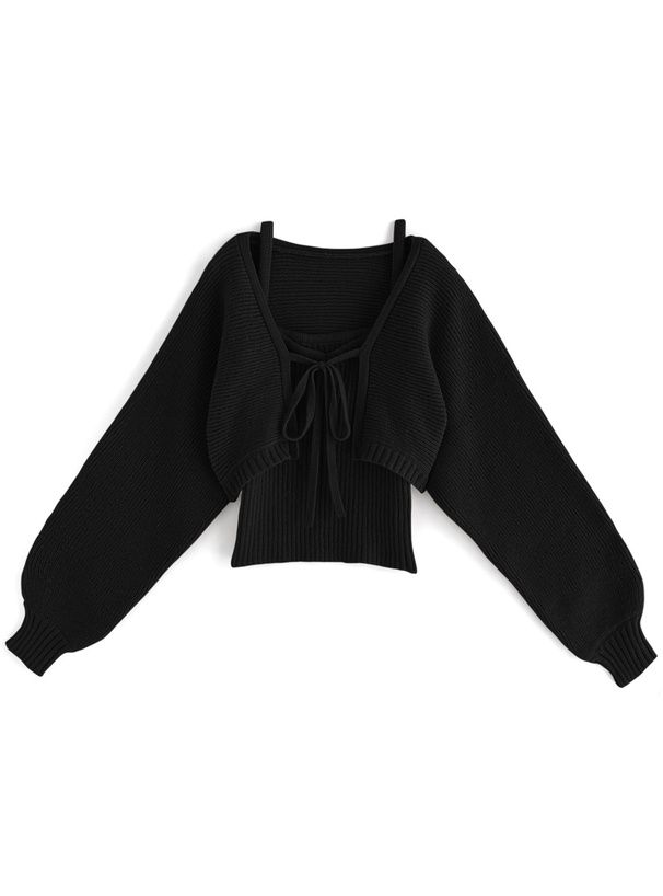 日本 GRL - 羅紋針織內搭泡泡袖外套兩件組-寶貝藍