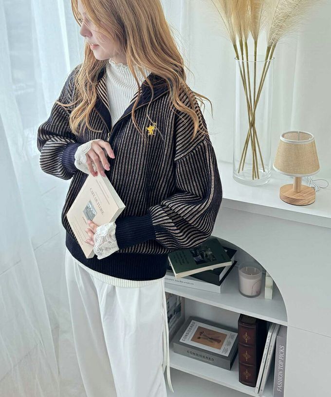 日本 Classical Elf - 半拉鍊線條感 logo刺繡配色針織衫-紅x藍