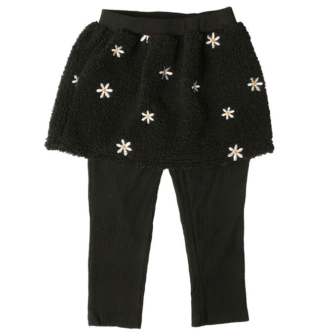 akachan honpo - 10分裙褲-刷毛 刺繡-黑色