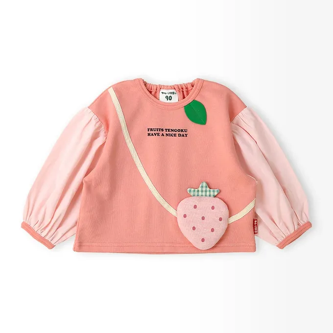 日本 ZOOLAND - 水果樂園 小包造型澎澎長袖上衣-草莓-粉紅