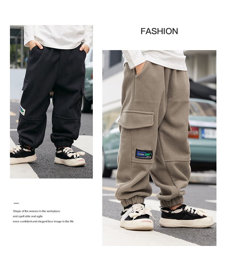 加絨腰鬆緊休閒工裝保暖長褲-小小標籤-奶咖啡色