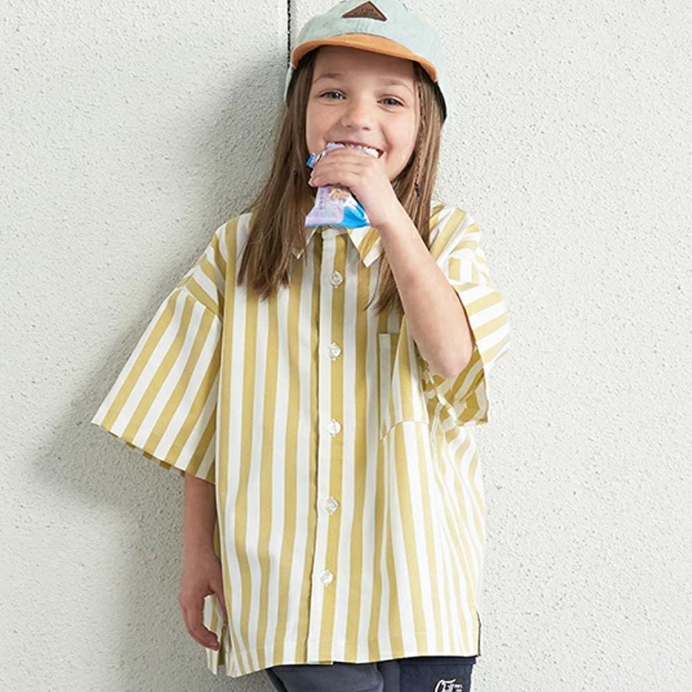 日本 b-ROOM - 時髦寬鬆短袖襯衫-粗條紋-芥末黃