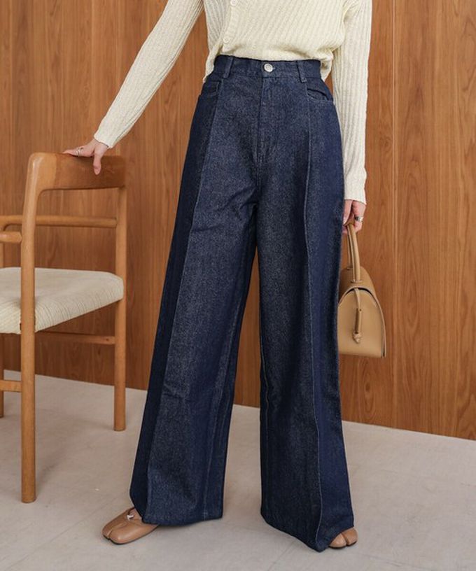 日本 Bab - 腳長效果 摺線丹寧印度棉寬褲-深灰