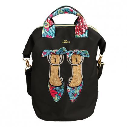 mis zapatos - 蝴蝶結拼接款後背包-Pump高跟鞋-BK黑色 (39*25*16cm)