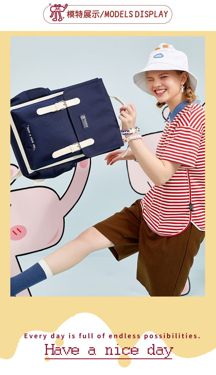 簡約少女感磁釦翻蓋書包-黑色 (28x38.5x15cm)