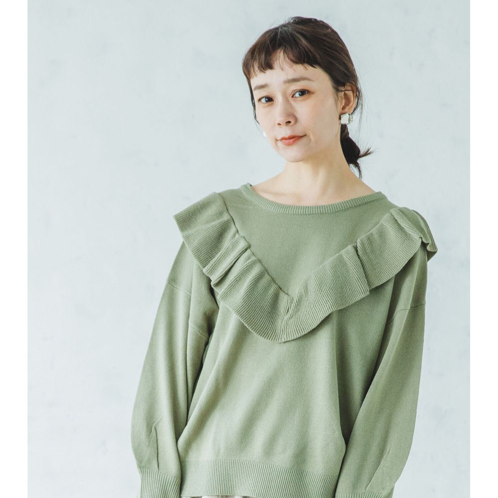 日本 PAIRMANON - V字荷葉造型針織上衣(媽媽)-綠 (FREE)