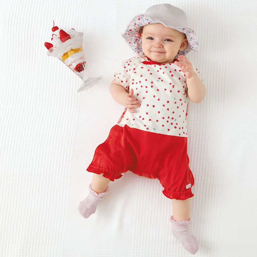 日本 Combi - mini系列-短袖連身衣-愛心/紅 (60-70)