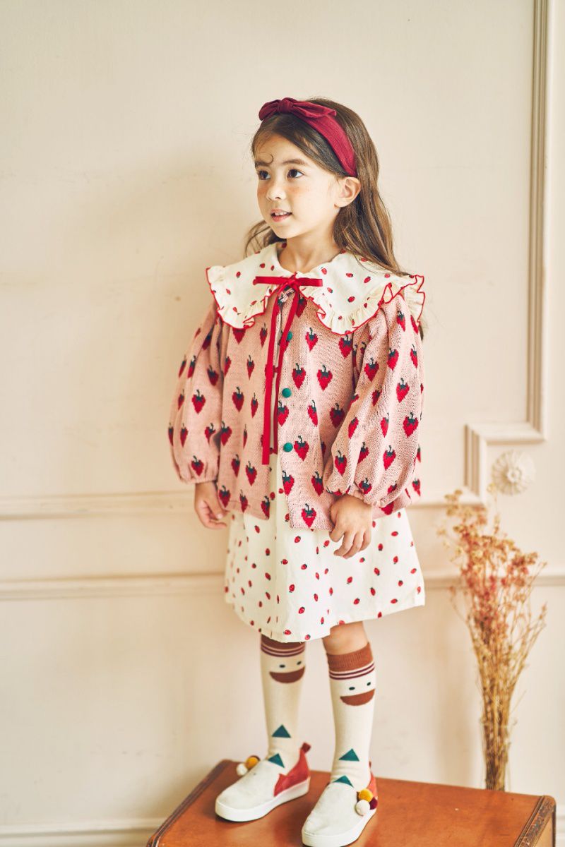 韓國 Mimico - 草莓泡泡袖針織外套-粉紅