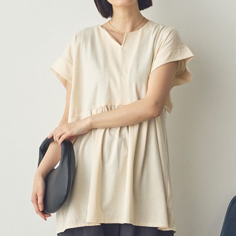 100%棉 V領造型遮肉短袖上衣-象牙白