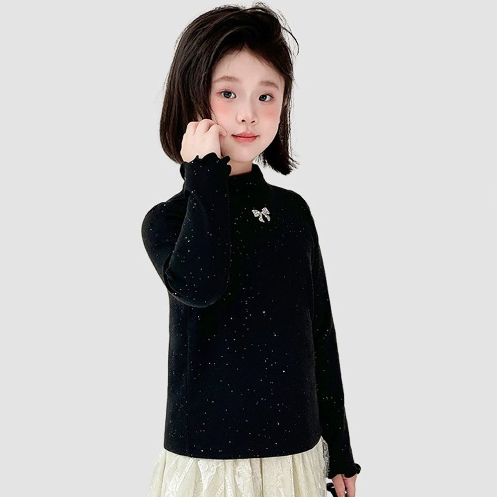 閃耀星空高彈木耳邊長袖上衣-蝴蝶結鑽飾-黑色