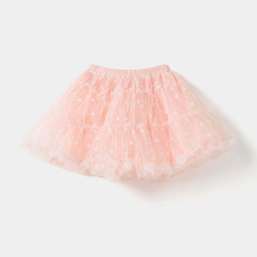 鬆緊腰浪漫繡花蛋糕網紗蓬裙-粉