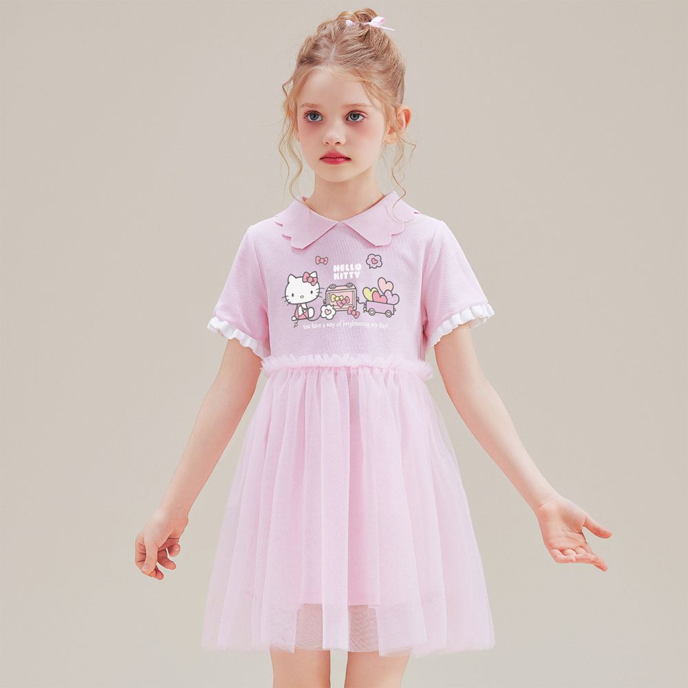 花邊翻領網紗拼接短袖洋裝-卡通人物Hello Kitty-粉紫