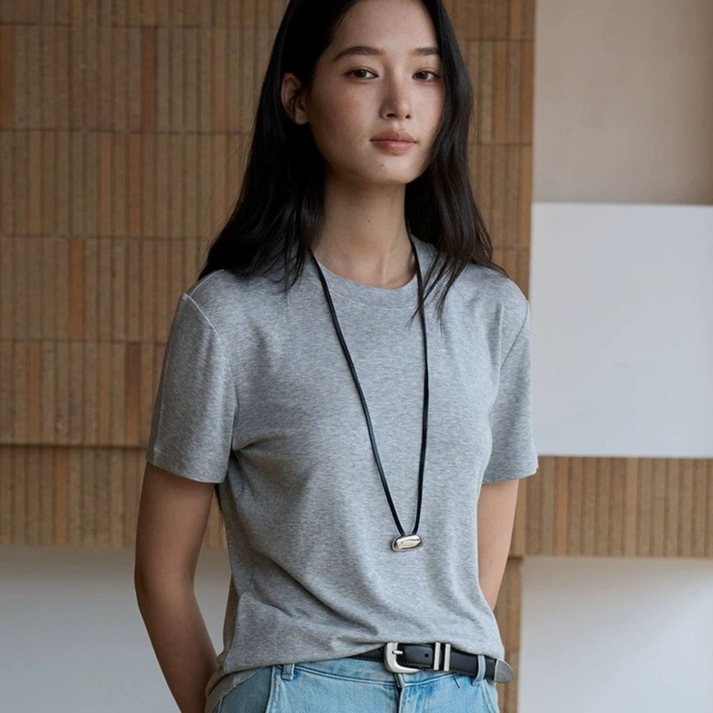 呼吸感天絲混羊毛經典圓領短袖上衣-淺花灰