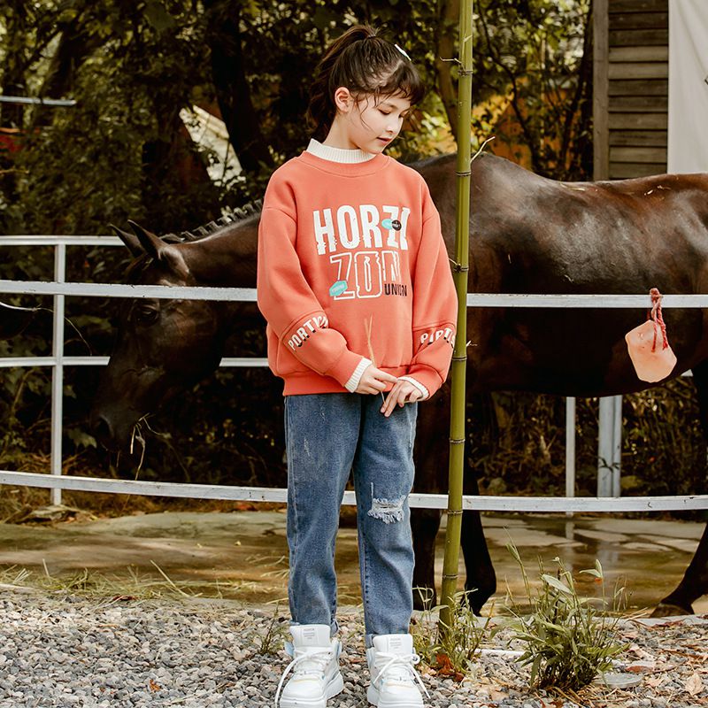 加絨休閒大學T-米杏色