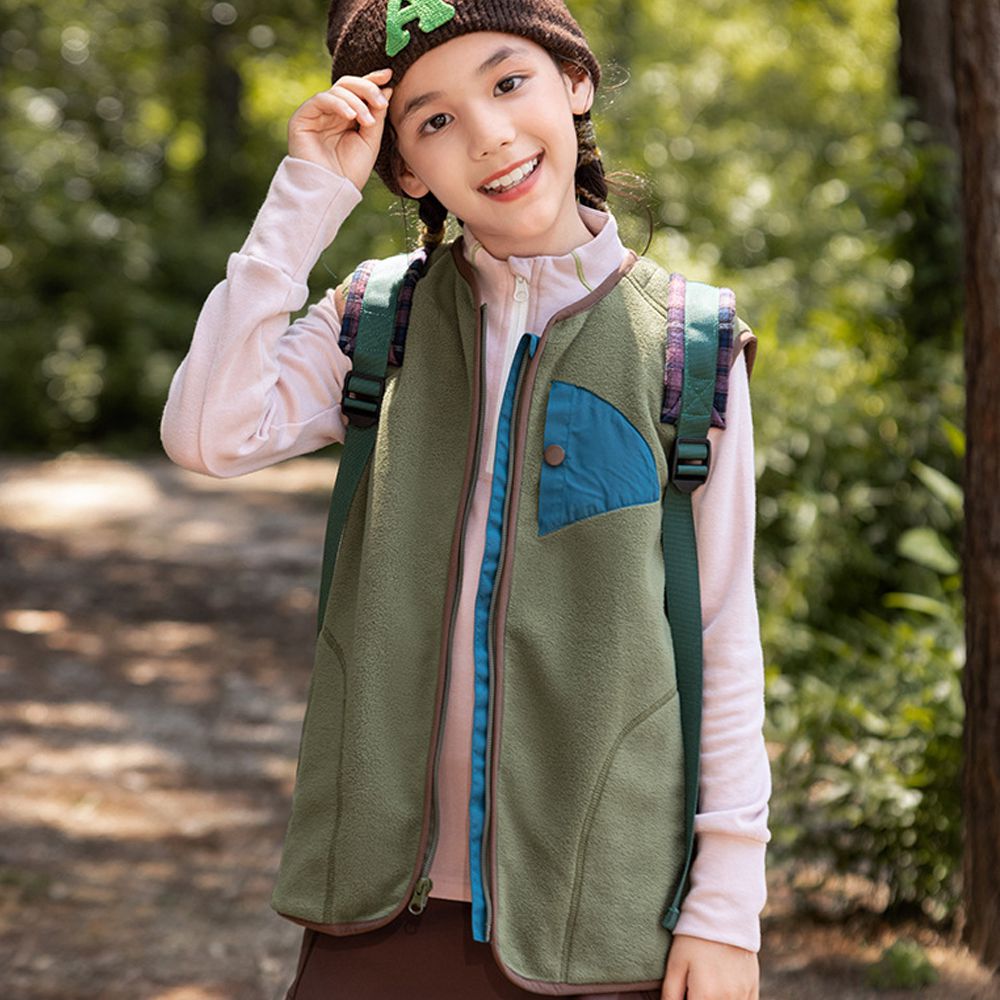 保暖搖粒絨拼色無領背心-綠色