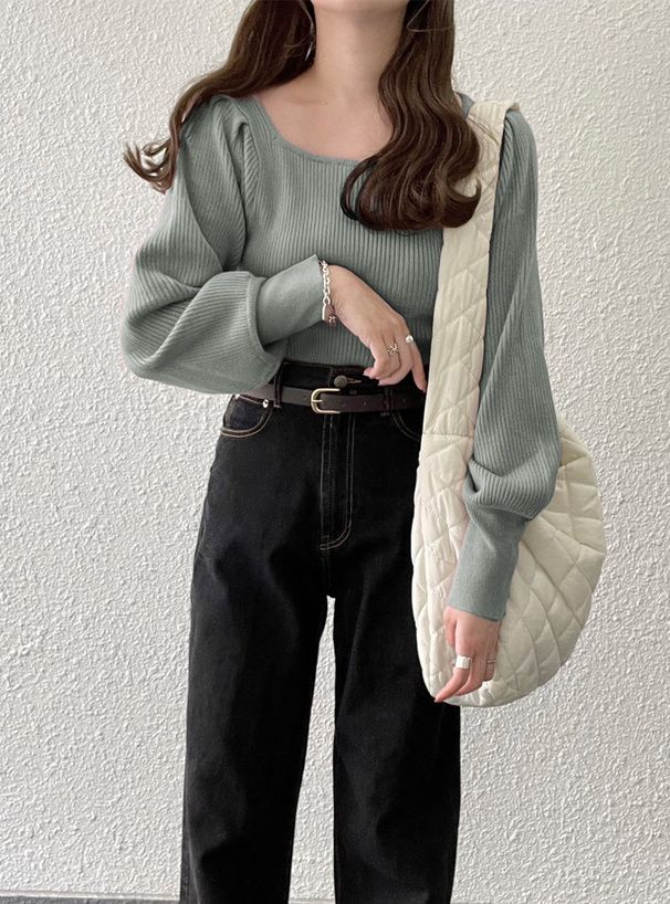 日本 GRL - 百搭方領彈性針織上衣-咖啡