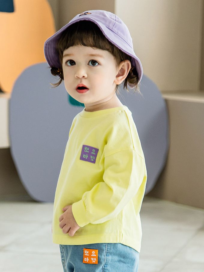 韓國 Pimpollo - 品牌布貼裝飾圓領長袖上衣-黃