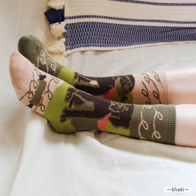 日本女裝代購 - 日本製 伊索寓言印花長襪-貪心的狗-灰x綠 (23-25cm)