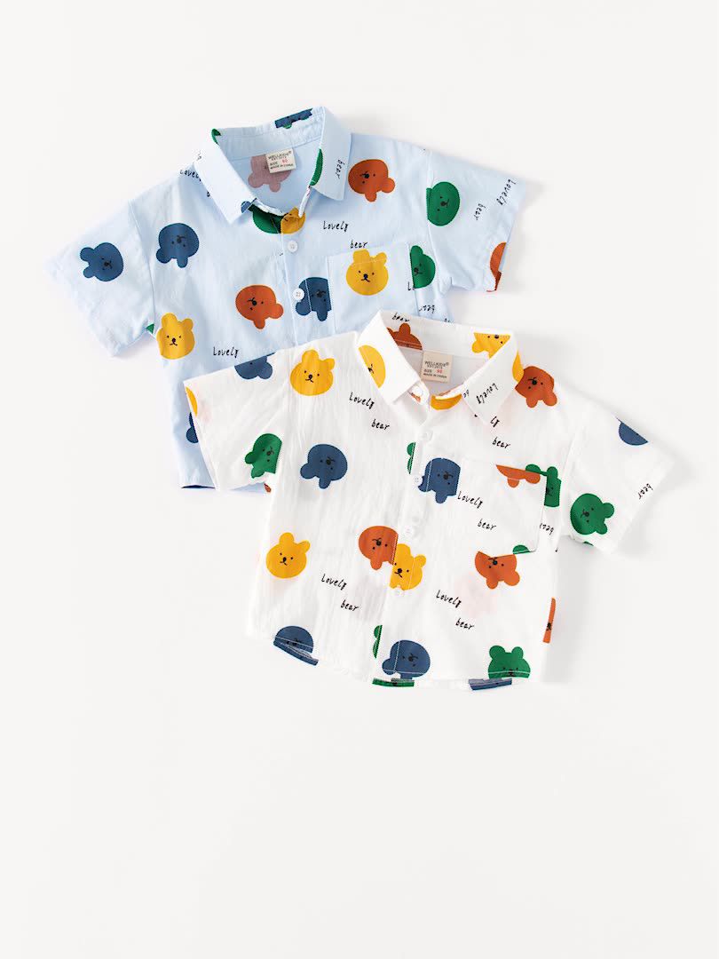 WELLKIDS - 純棉休閒翻領短袖襯衫-繽紛熊熊-白色