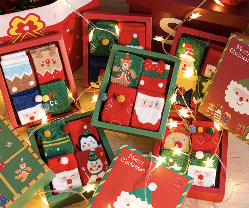 love, charlotte - 珊瑚絨聖誕老公公小熊款無後跟親子襪-4雙禮盒包裝 (均碼(5Y+))