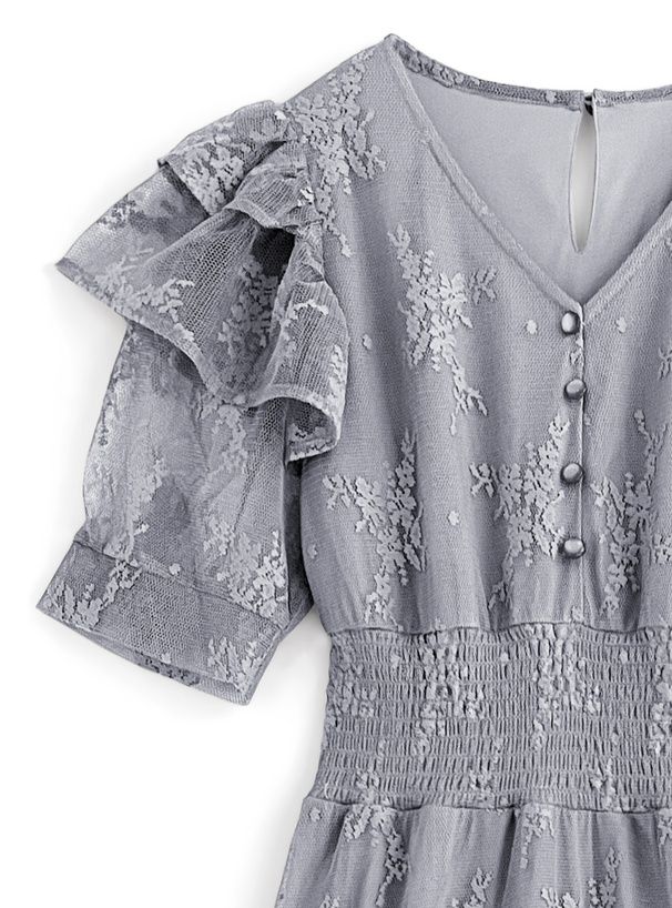 日本 GRL - 浪漫花刺繡薄紗短袖洋裝-星塵藍