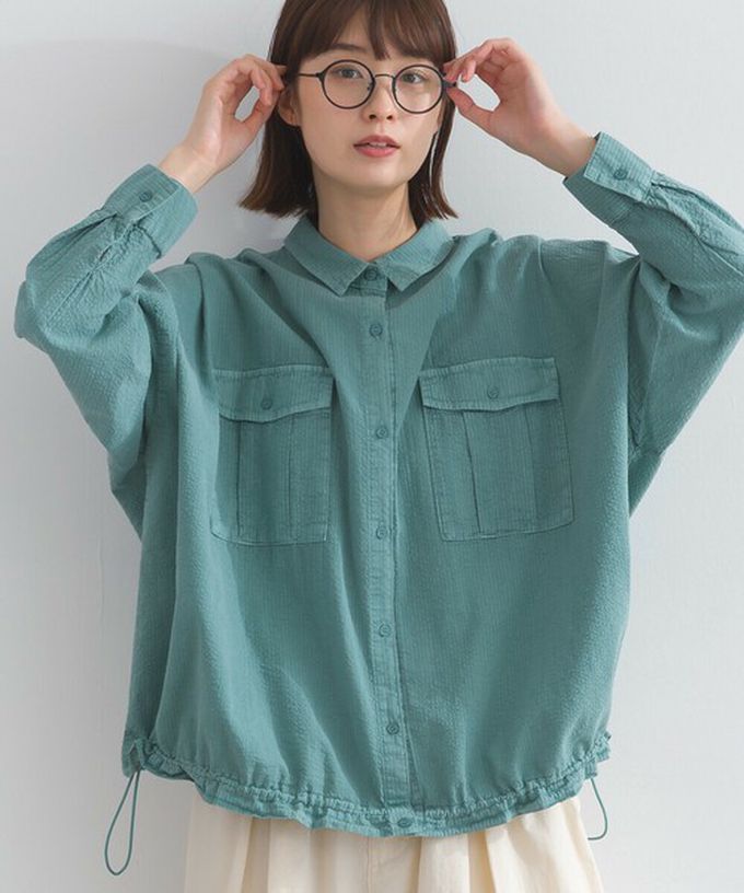 日本 Lupilien - 復古紋理率性抽繩純棉落肩襯衫-米白