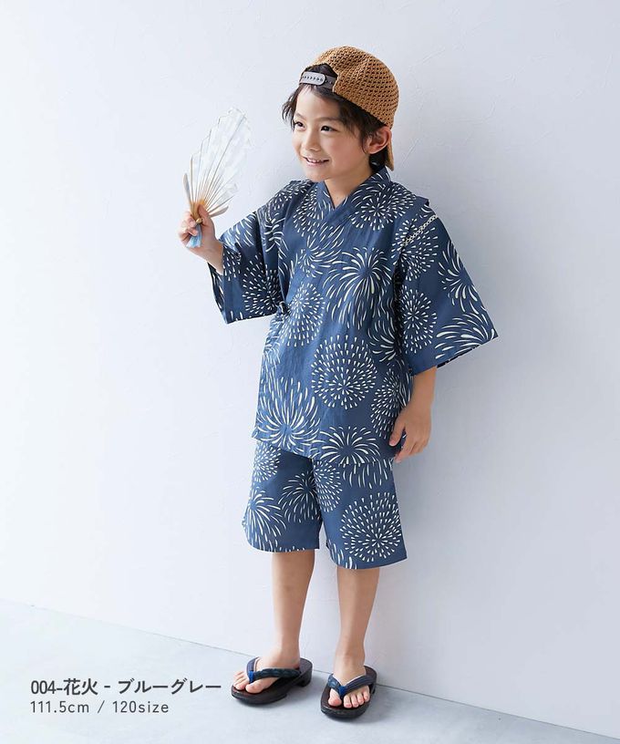 日本 devirock - 期間限定！經典日式風甚平套裝-煙火-靛藍