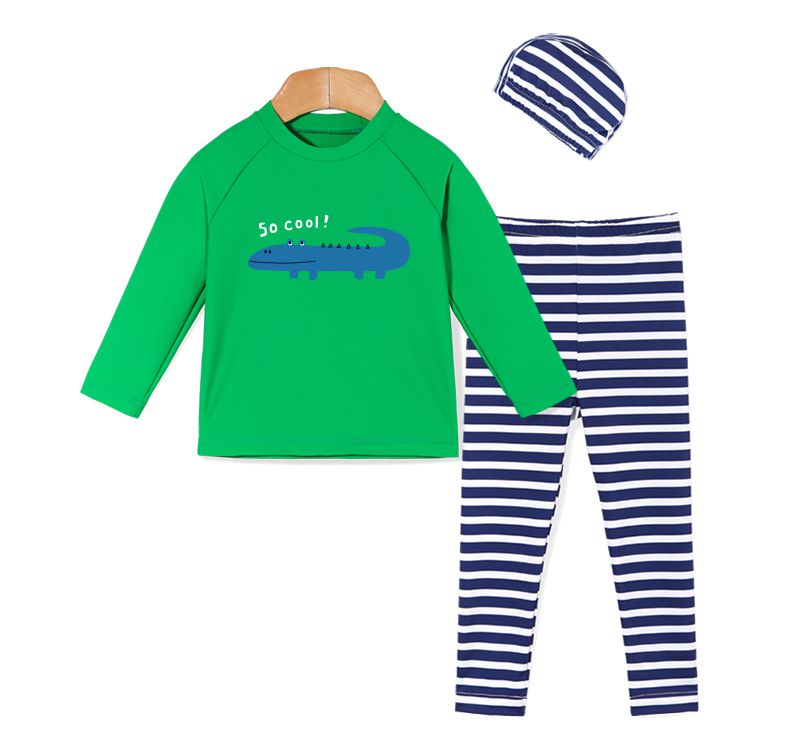 韓國 OZKIZ - 抗UV防曬兒童泳裝-三件組-綠色鱷魚