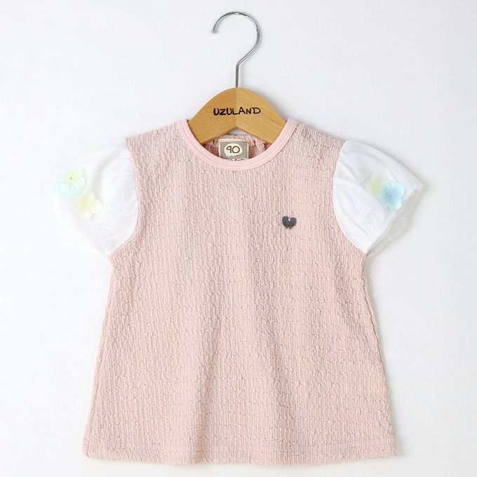 日本 ZOOLAND - 楊柳天竺棉花朵澎澎短袖上衣-粉紅