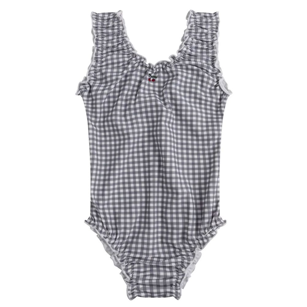 UPF50+U型連身泳裝(附泳帽)-霧藍格紋