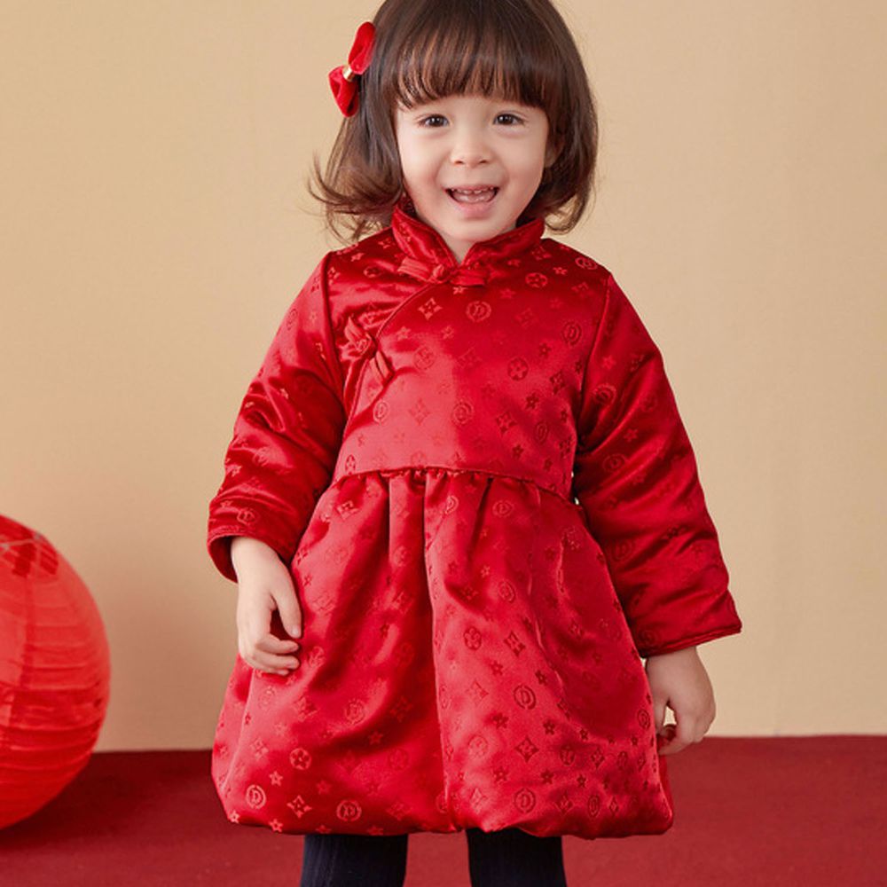 加厚中國風唐裝洋裝-紅色印花