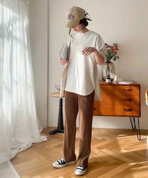 日本 Classical Elf - 光澤感細褶垂墜感長褲-焦糖棕