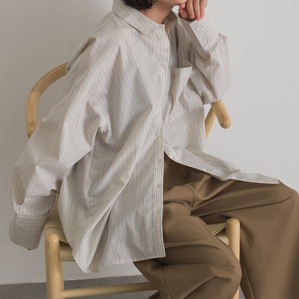 男友風寬鬆率性感長袖襯衫-淺卡其條紋