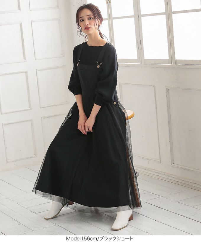 日本 Kobe Lettuce - 工裝風薄紗拼接牛仔吊帶洋裝-靛藍