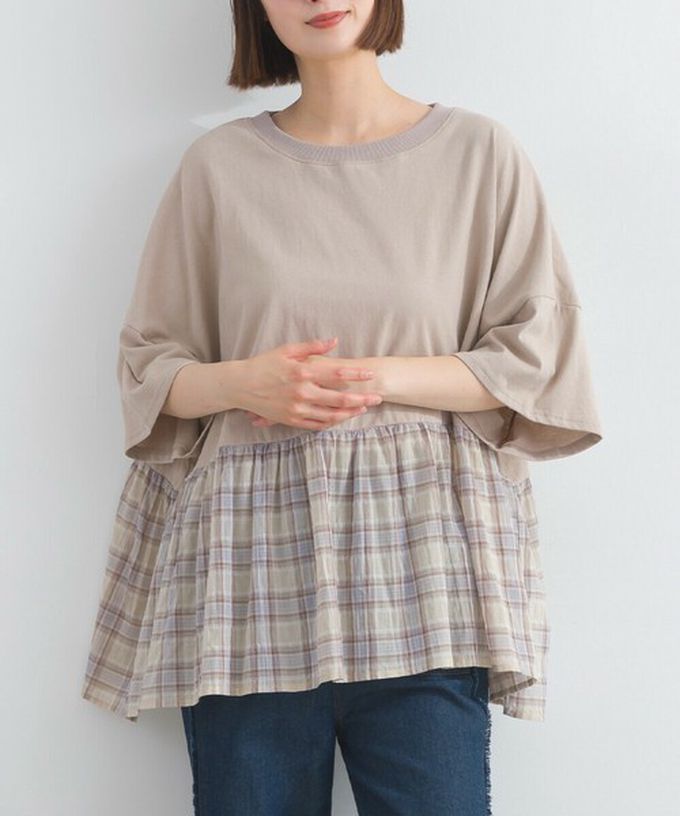 日本 Lupilien - 接觸涼感 可愛格紋休閒五分袖上衣-白