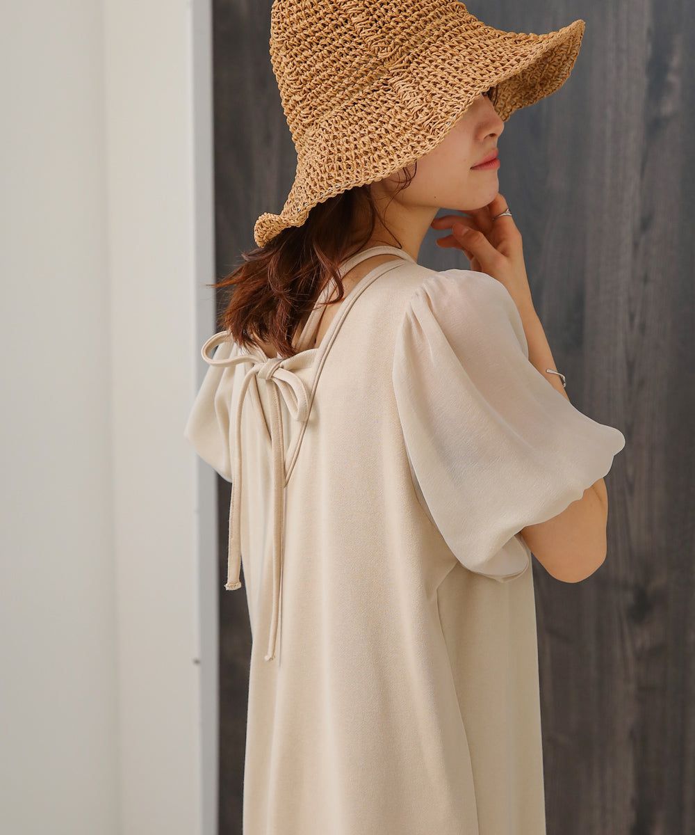 日本 Bab - 優雅綁帶V領泡泡袖洋裝-淺摩卡